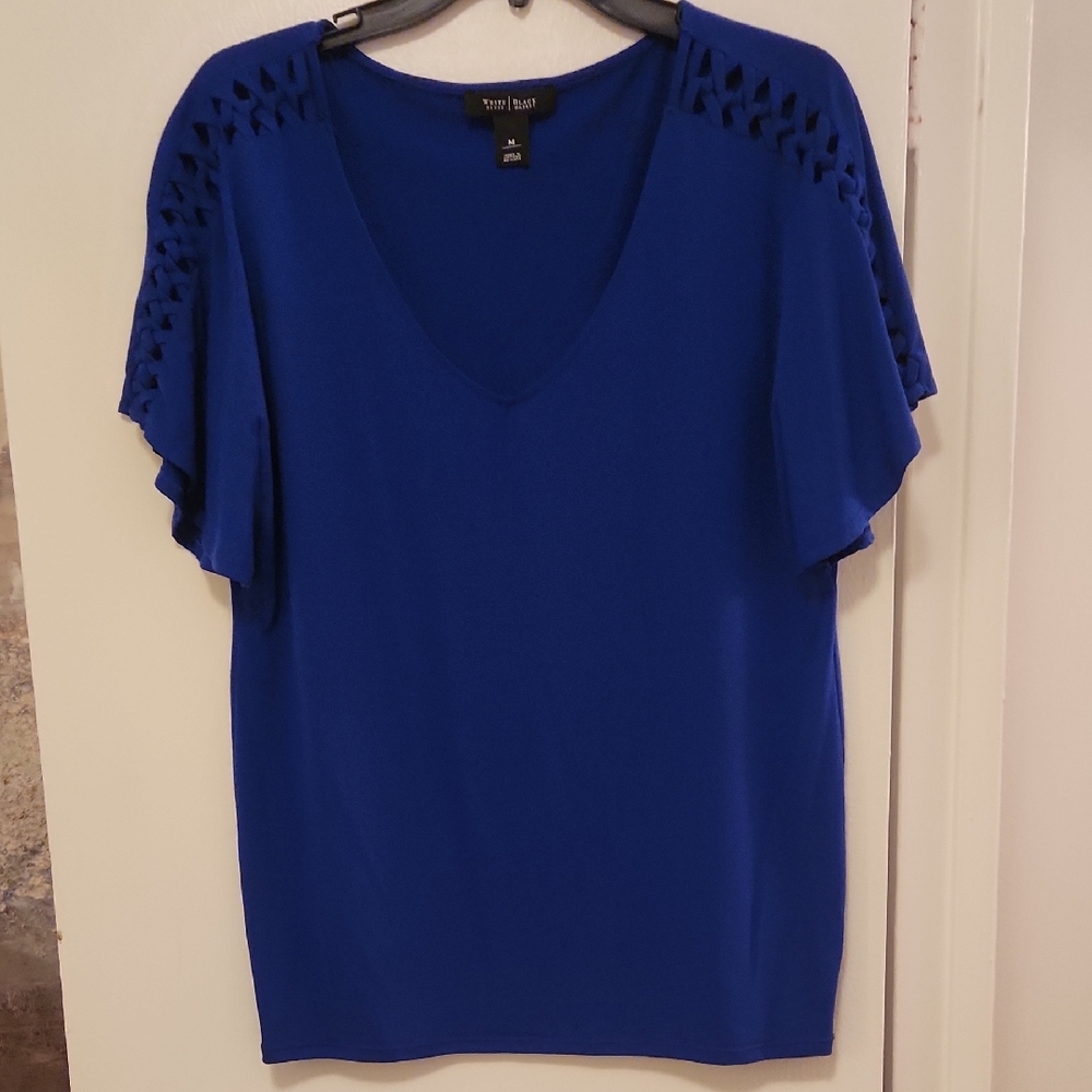 White House Black Market Royal Blue V-Neck Flutter Sleeve Blouse